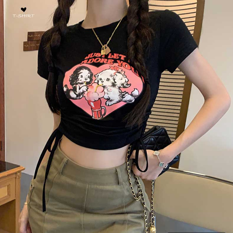Jin Liang official figure 6535 pull frame cotton American style pure desire minority front shoulder short sleeve T-shirt women's summer design sense Drawstring