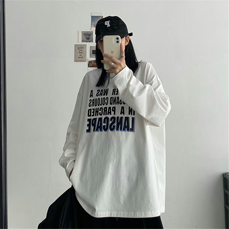 White Long Sleeve female letter T-shirt for women in spring and autumn with loose top for women