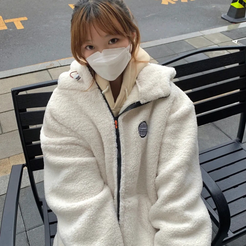 Lamb wool cotton padded jacket female winter Korean version loose student Plush thickened cotton padded jacket jacket