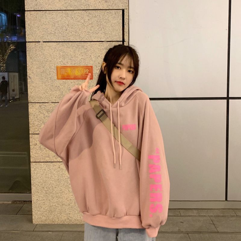 6845# velvet autumn and winter new Korean version of the college style loose hooded long-sleeved sweater women's clothing