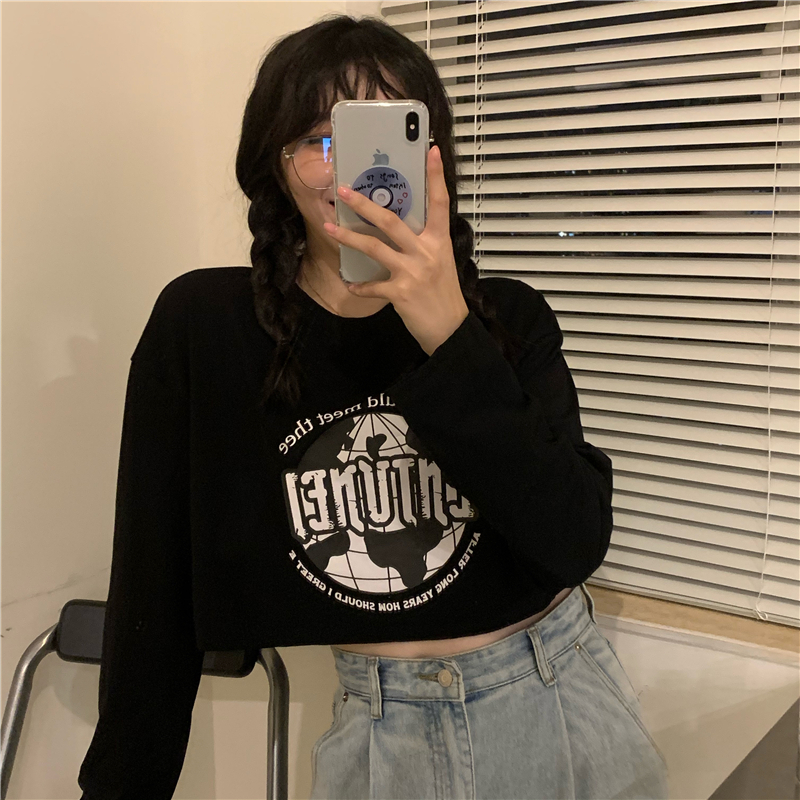 Black long sleeve T-shirt women's I fashion new spring and autumn Korean version loose spice girl high waist navel short top