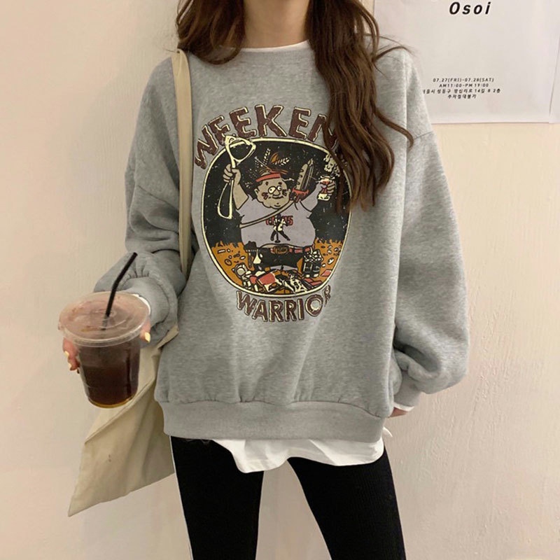 7746# Plus velvet fake two-piece sweater women's autumn and winter new women's loose Korean version cartoon printing students