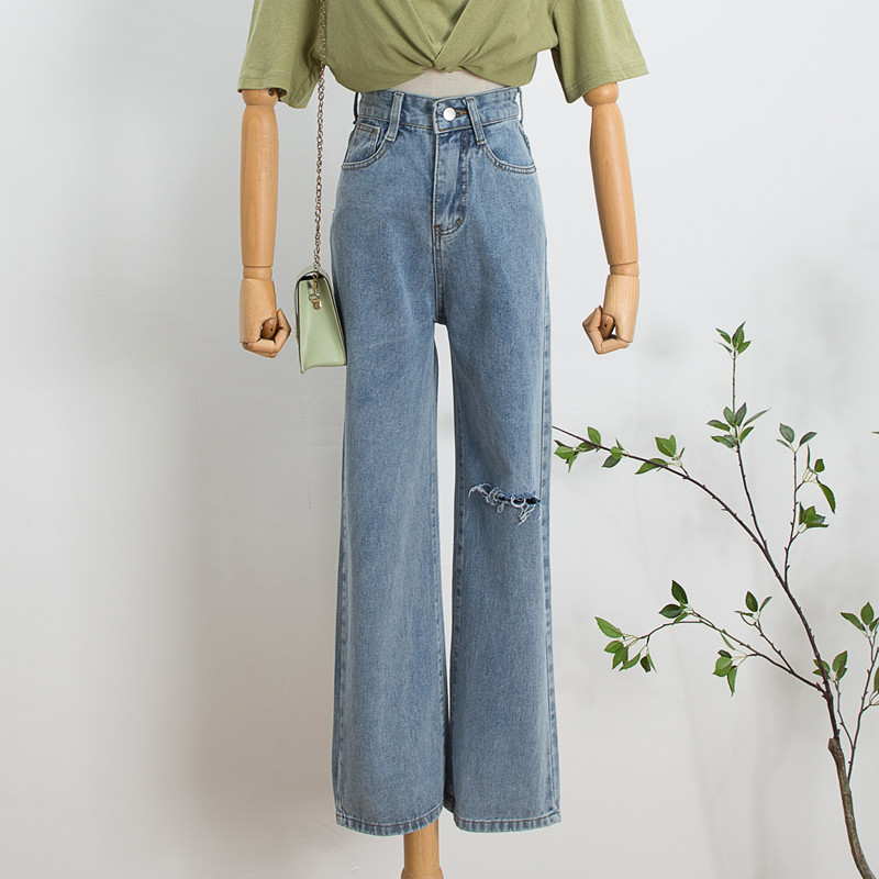 K2988 real shot high waist ripped jeans women's spring new straight loose wide leg pants mopping pants