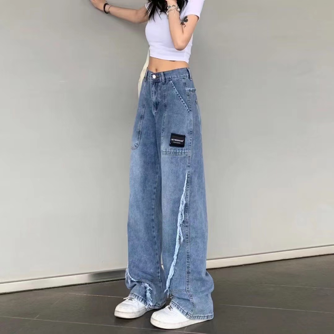European and American straight-leg wide-leg jeans women's spring and autumn high-waisted design loose drape mopping pants high street ins tide
