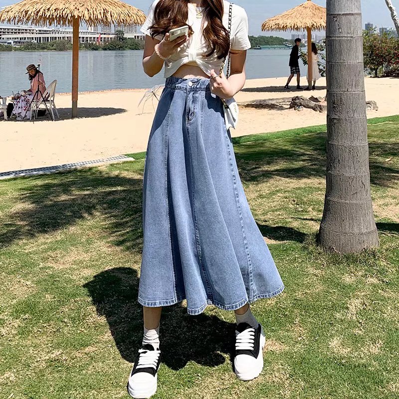 Denim skirt women's mid-length summer thin section 2022 high waist thin loose elastic waist a-line all-match umbrella skirt