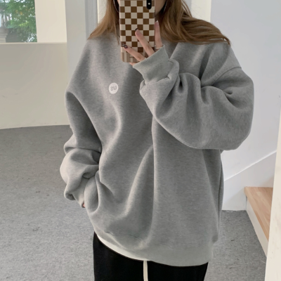 Gray pullover hoodless sweater women's spring and autumn thin Korean version loose bf lazy wind winter fleece jacket top trend