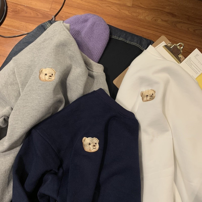Bear fleece thickened simple wind round neck loose warm plus velvet casual all-match pullover sweater women