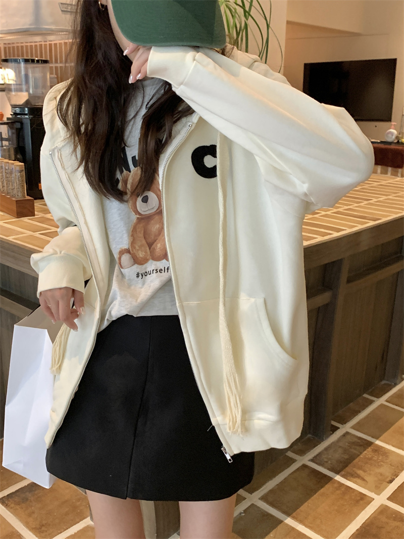 Apricot zipper cardigan sweater women's spring and autumn 2022 new thin loose medium long super hot ins tide jacket