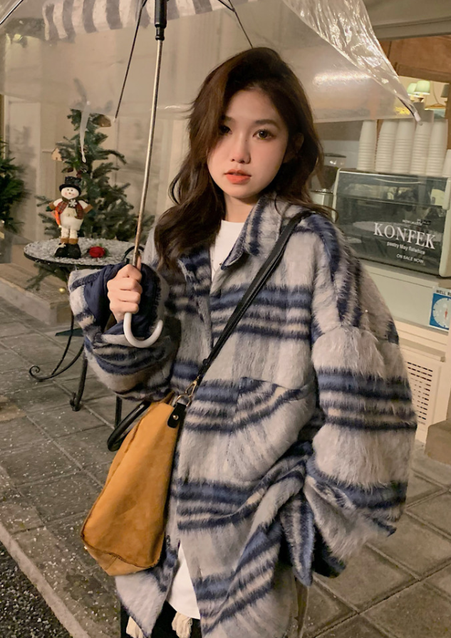 Korean style small fragrance style mid-length high-quality woolen coat women's autumn and winter small plaid thickened woolen coat