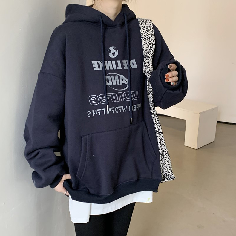 Thin section + velvet thickened Korean version of the gray sweater women's loose bf Harajuku style hooded jacket plus velvet long-sleeved top