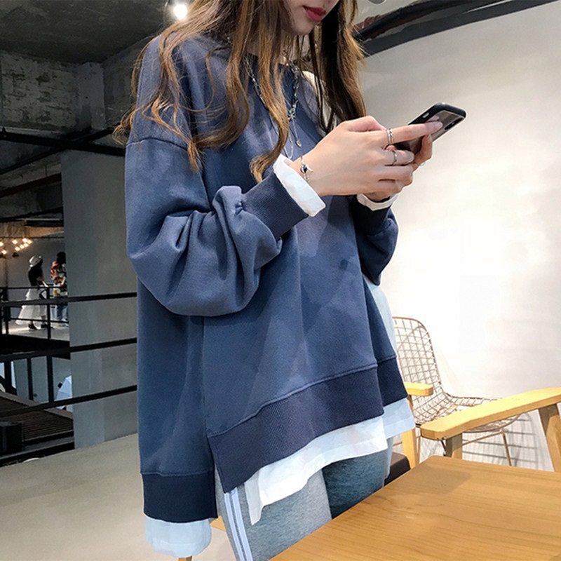 【Official Picture】5571# Fake two-piece women's top 2022 spring and autumn 75% polyester fiber 25% cotton
