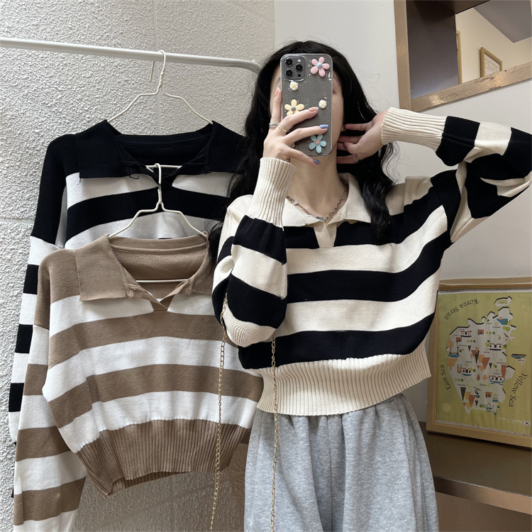Polo collar striped sweater women's spring and autumn new loose outer wear long-sleeved knitted sweater waist short top