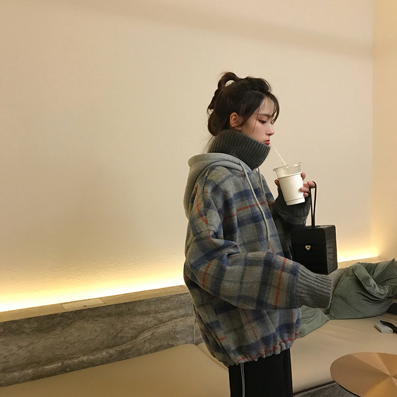 Plus velvet fake two-piece stitching plaid high-neck hooded thick pullover sweater women's autumn new Korean version loose