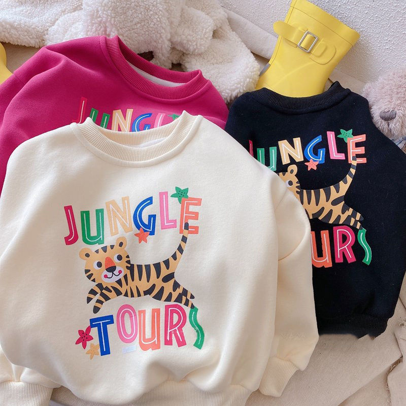 Girls' new tiger sweater autumn clothing foreign style children's baby cartoon printing long-sleeved one-piece velvet top children's clothing trend