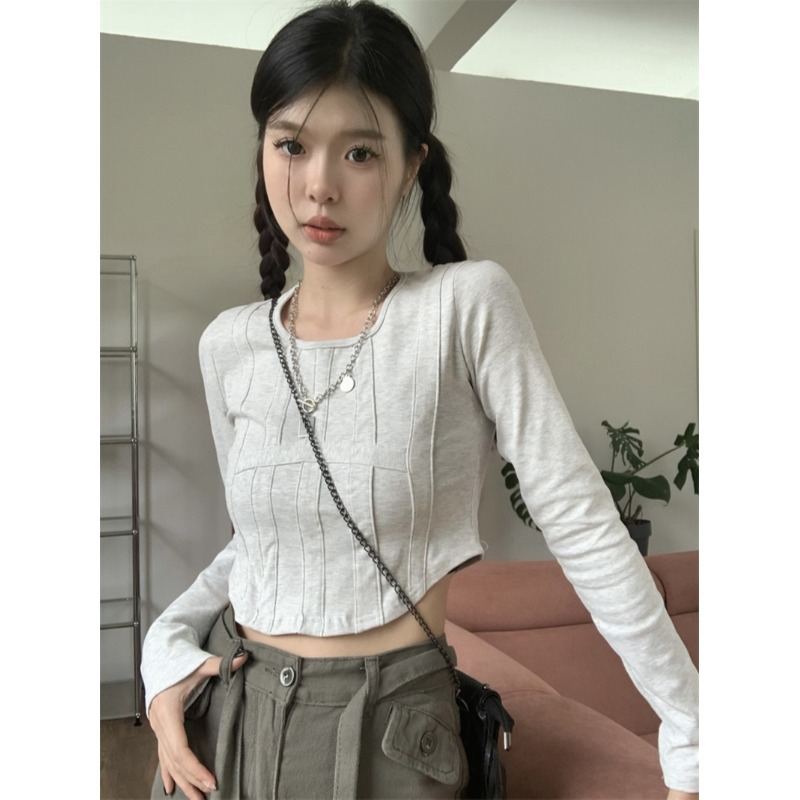6535 pull frame cotton hot girl niche fishbone pattern long-sleeved T-shirt women's early autumn new sexy
