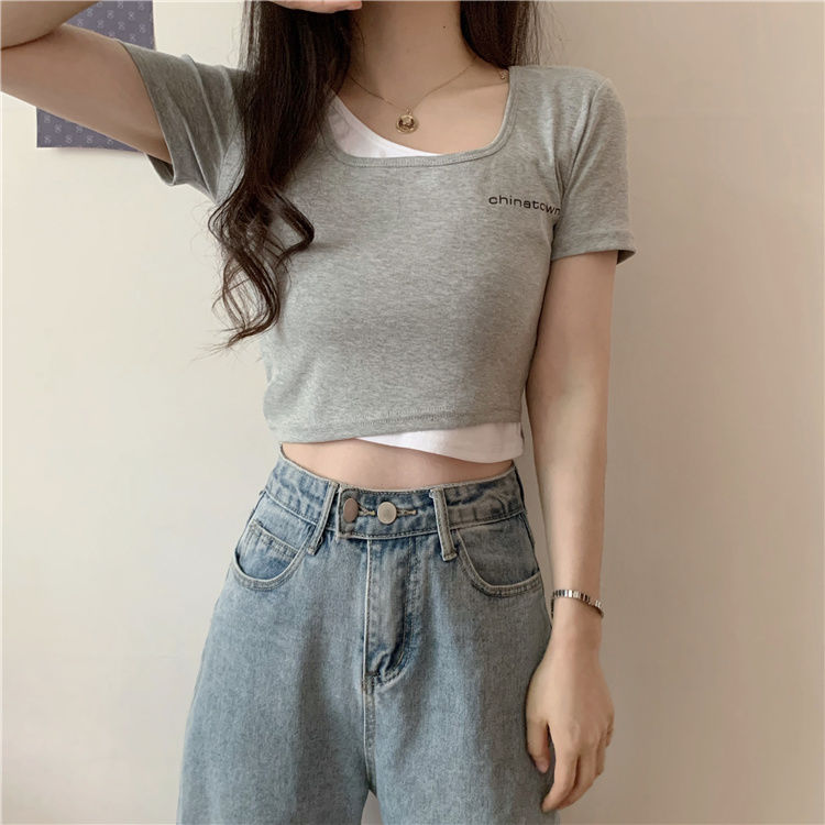 [Milk Silk Printing] Fake two-piece T-shirt women's short-sleeved top