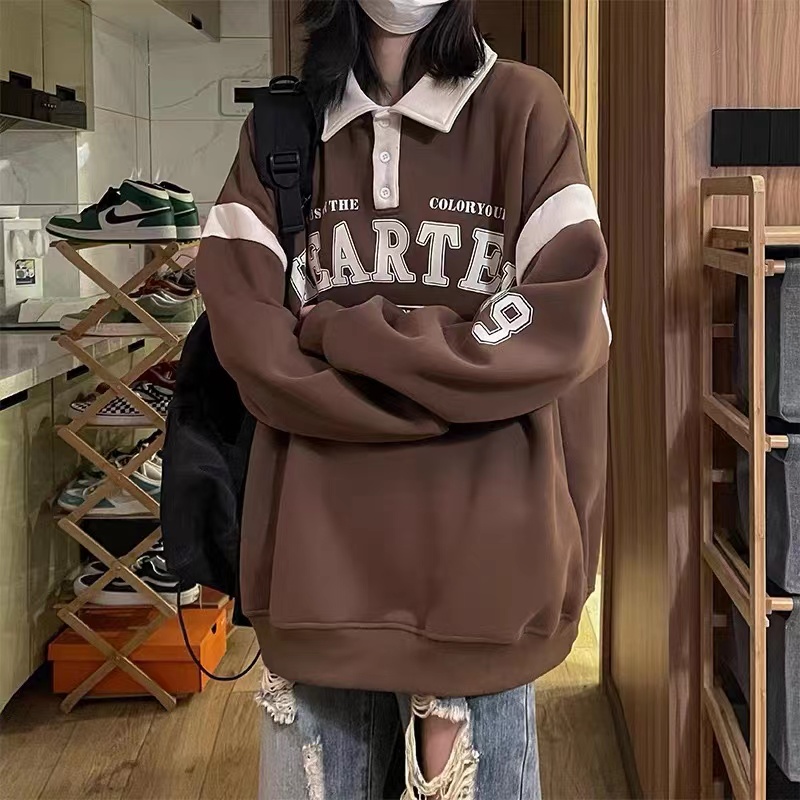 (Official picture of 250 grams of David clothes and velvet and thick) American retro contrast color hoodie polo lapel top