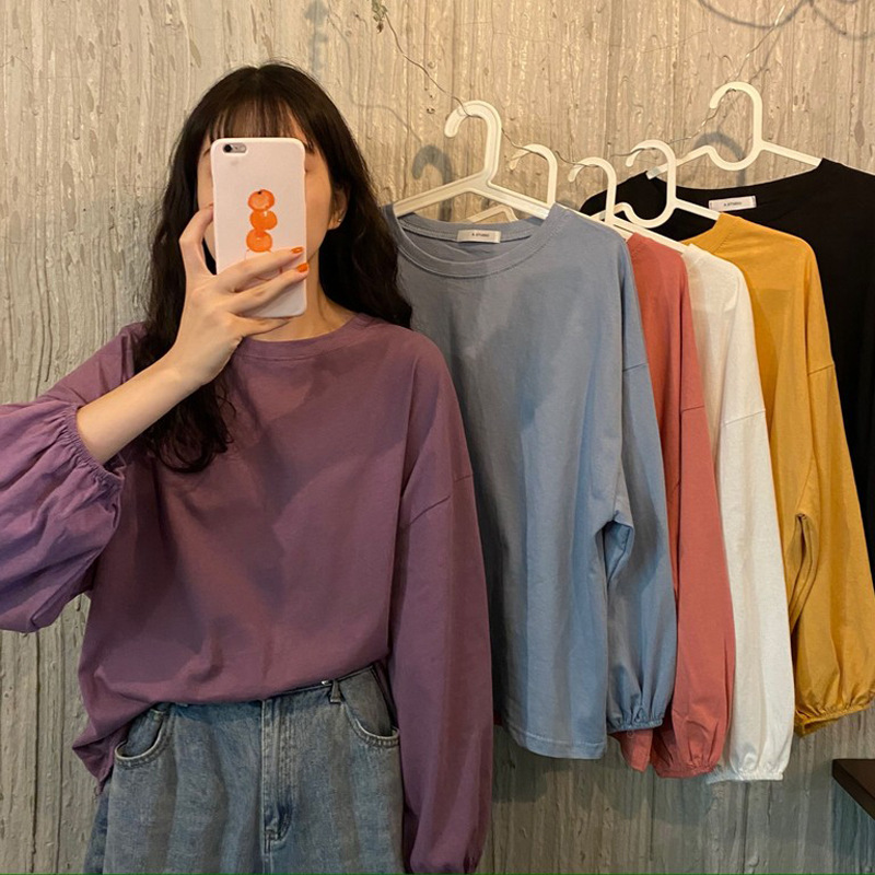 6850 # Milk silk autumn Korean version loose sleeve student lantern sleeve long sleeve T shirt female solid color bottom shirt tide