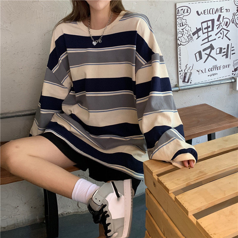 6851 # Polyester fish scale Korean version loose stripe long sleeve t-shirt female ins net red students versatile thin style on clothes