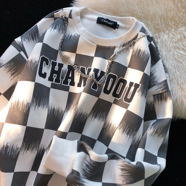 Net price 6535 fish scales autumn tide cool checkerboard lattice design sense niche thin round neck sweater for men and women