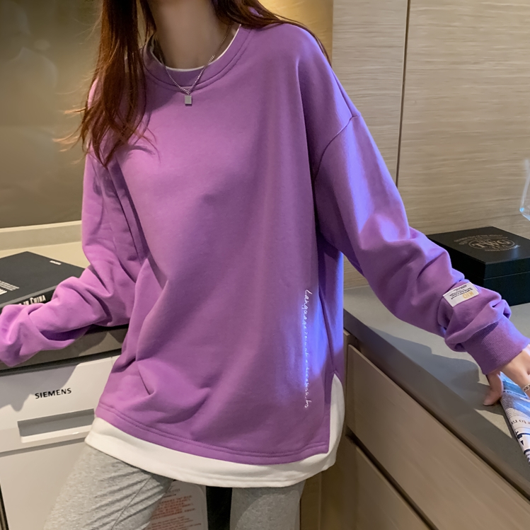 [Real shot 6535 fish scales] fake two-piece side slit long-sleeved T-shirt women's round neck pullover sweater patch