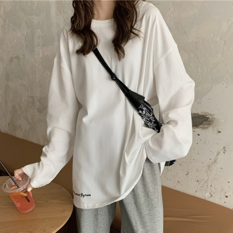 [Official map milk silk fleece] Embroidered letter long-sleeved T-shirt women's loose mid-length fleece bottoming shirt