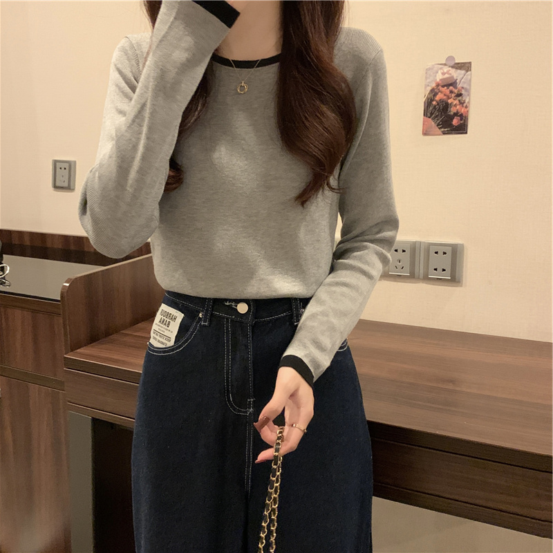 Grey bottoming T-shirt women's autumn new niche design slim round neck short all-match thin top