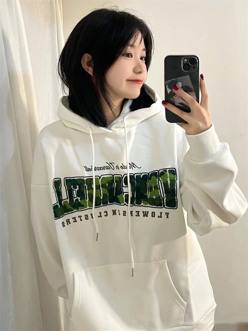 260g large fish scales double cap towel embroidery hooded sweater women's autumn new loose