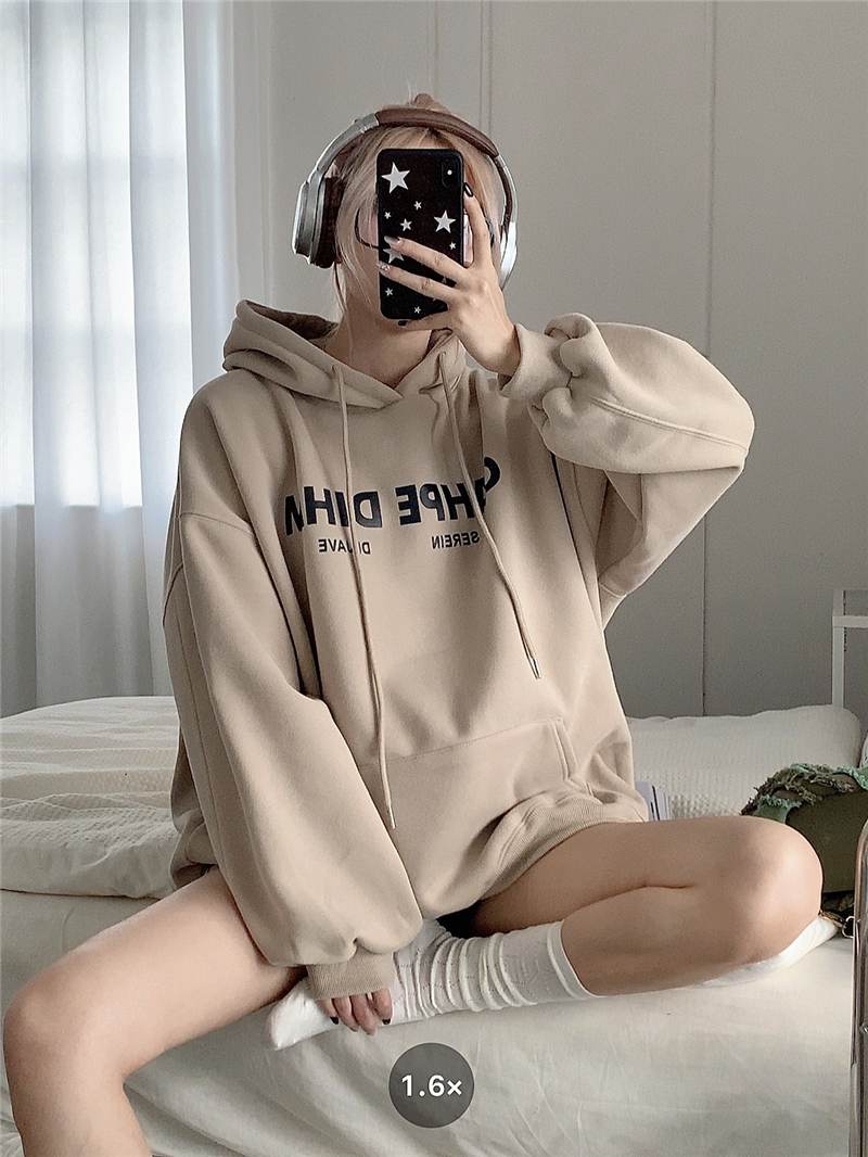 310 grams of imitation cotton interwoven fabric can not play winter fleece sweater women's hooded printing back bag double hat