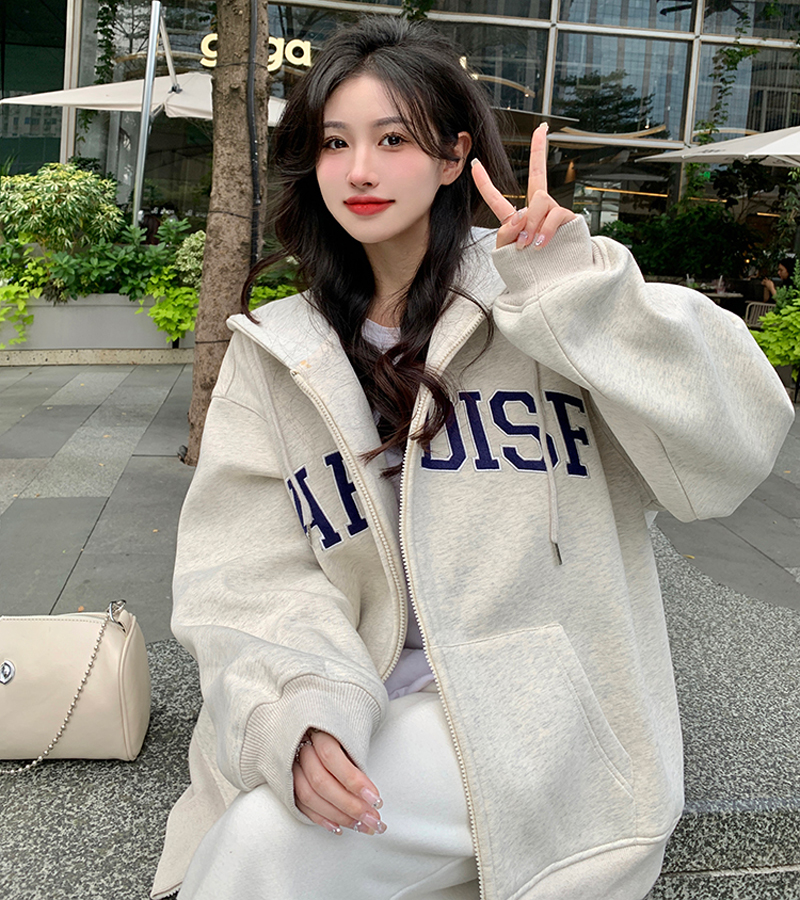 310g imitation cotton interwoven fabric can not play winter fleece sweater women's hooded letter embroidery back bag double cap