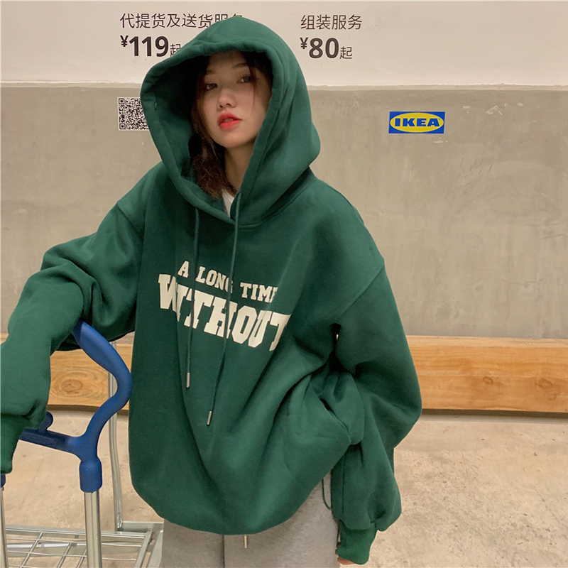 310 grams of imitation cotton interwoven fabric can not play winter fleece sweater women's hooded printing back bag double hat
