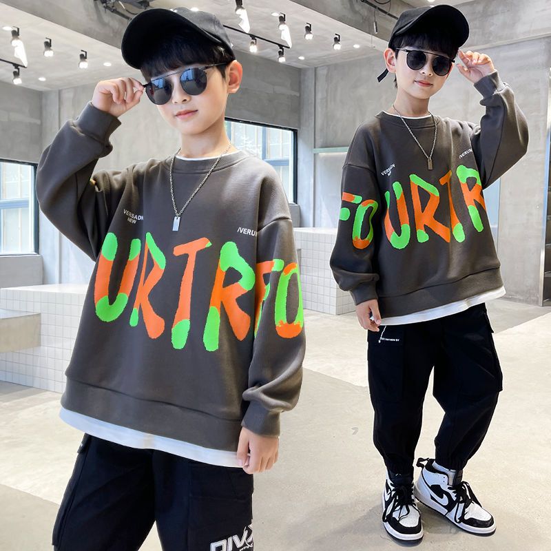Children's clothing boys' spring and autumn clothing thickened sweater plus velvet 2021 new handsome middle-aged children's clothes fashionable Korean version tide