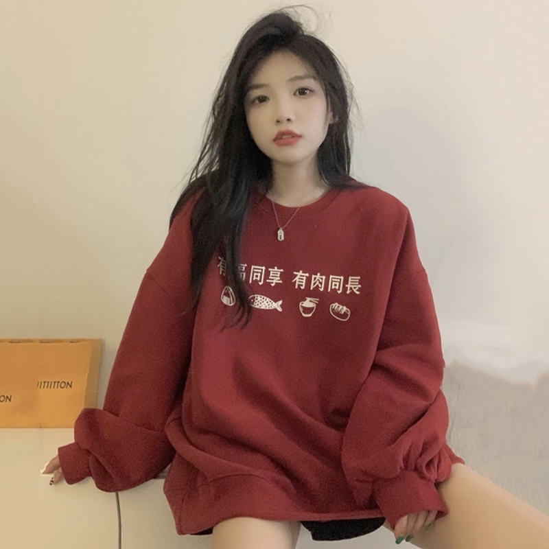 Plus velvet thick red round neck niche sweater women's design sense retro Hong Kong style chic casual top trend
