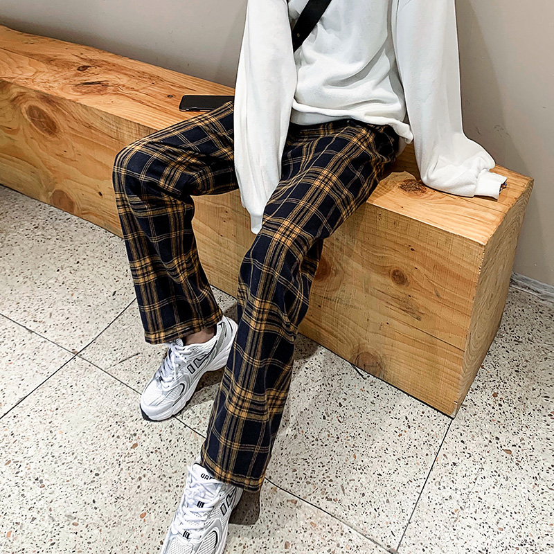 Frosted straight tube loose check pants women's Korean version high waist slim casual pants spring and Autumn