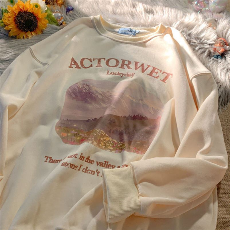 Official picture 190g large sweater autumn and winter loose and thin plus velvet printed round neck sweater women