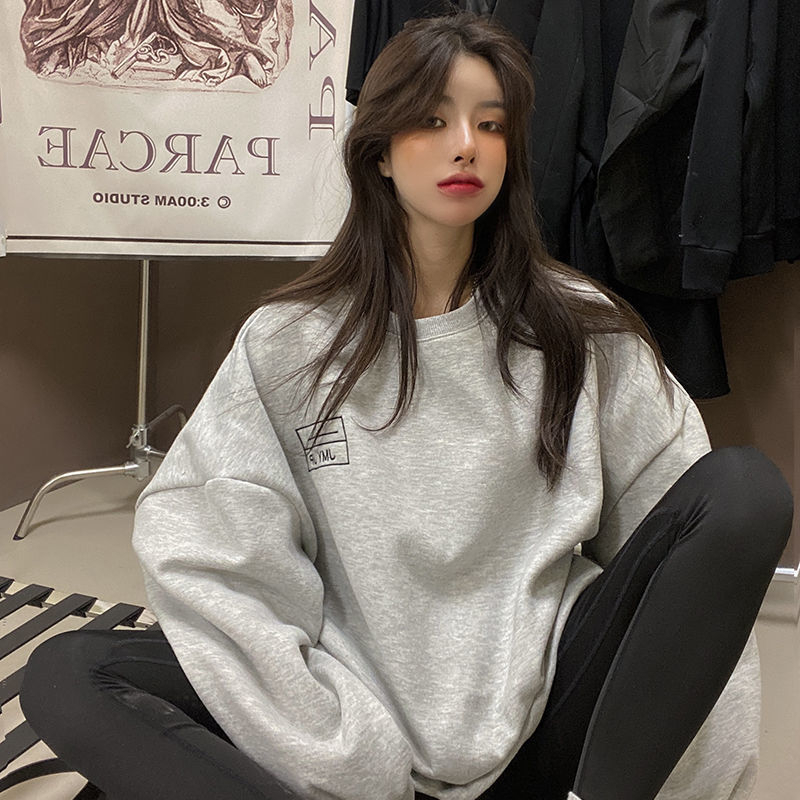 Official picture 190g large sweater autumn and winter loose and thin plus velvet printed round neck sweater women