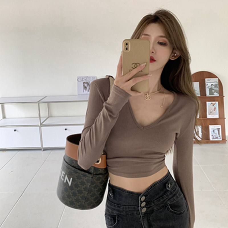 T-shirt women's short tight-fitting long-sleeved bottoming shirt autumn new sexy v-neck collarbone top