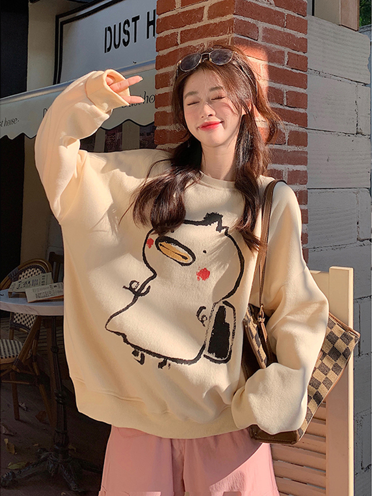310 grams of imitation cotton interwoven fabric can not play the winter thickened fleece sweater women's round neck printing back bag