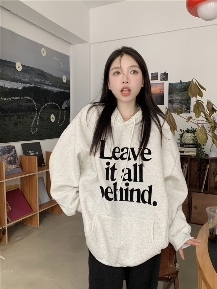 Plush and thickening Lazy wind loose all-match hooded sweater women's autumn slim casual letter printing top