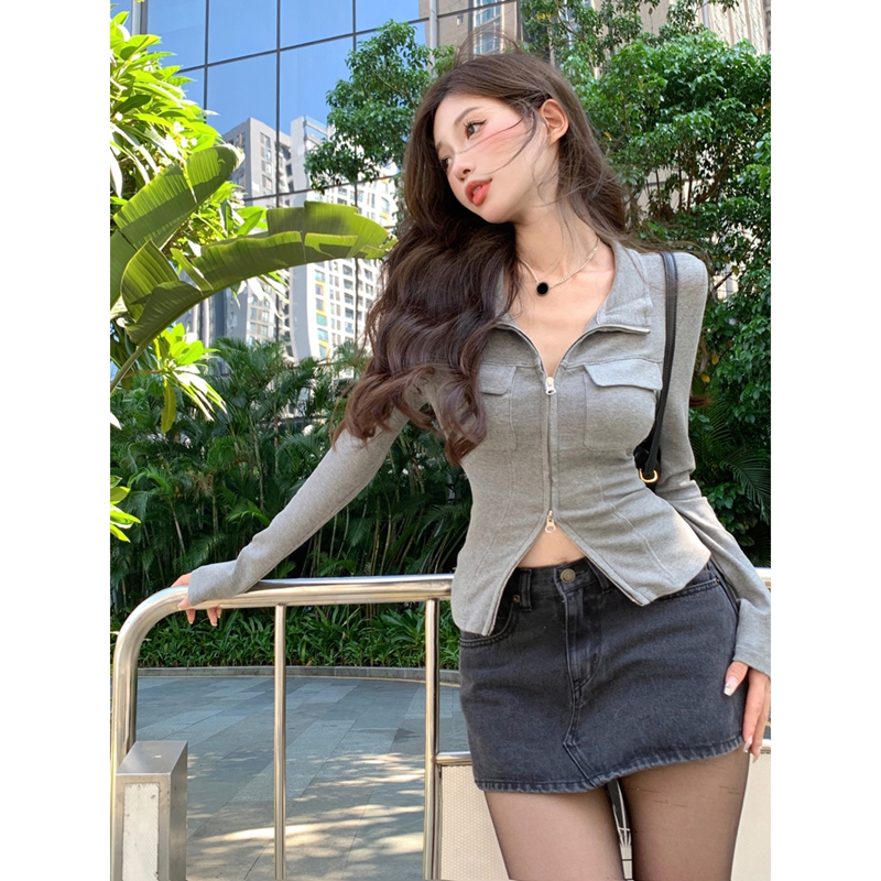 260g rib velvet 90 polyester 10 spandex gray hot girl short coat women's ins tide