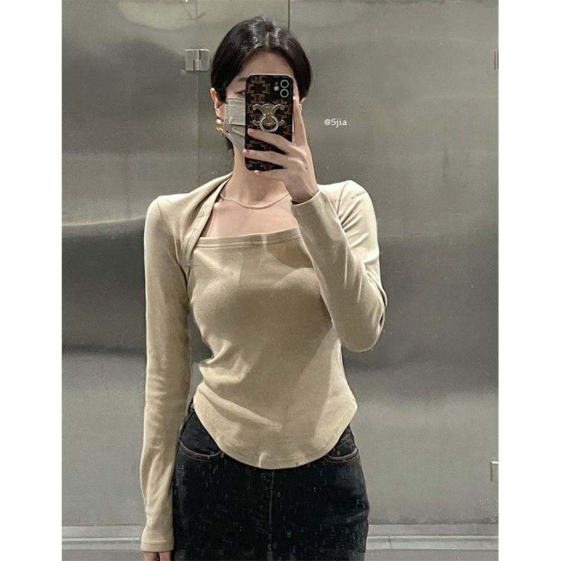 Rib velvet 260g 90 polyester 10 spandex fake two pieces long-sleeved thin T-shirt women's brushed thin velvet