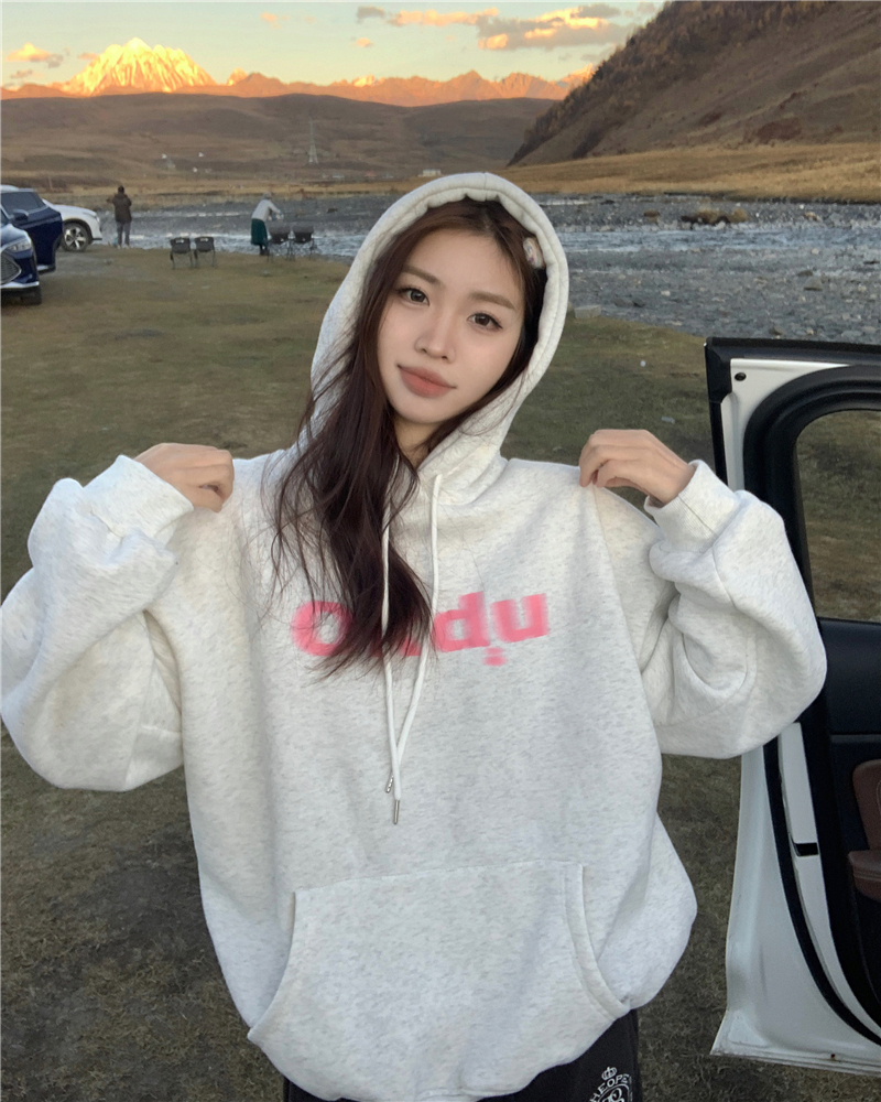 Plus velvet thickened American retro hooded drawstring sweater women's autumn and winter loose all-match letter printing top