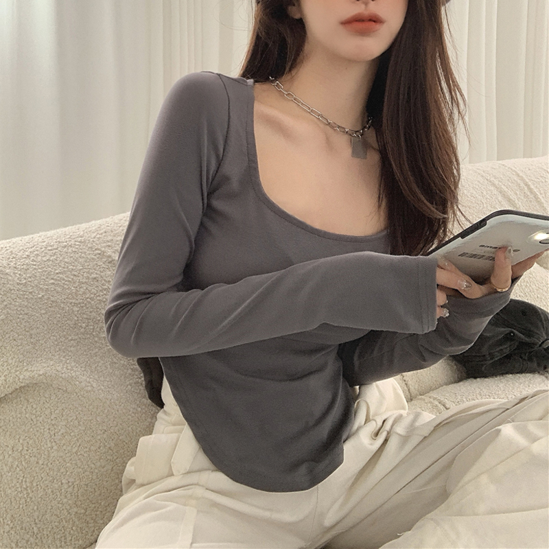 Autumn U-neck solid color sexy top women's low neck irregular slim long sleeve T-shirt women
