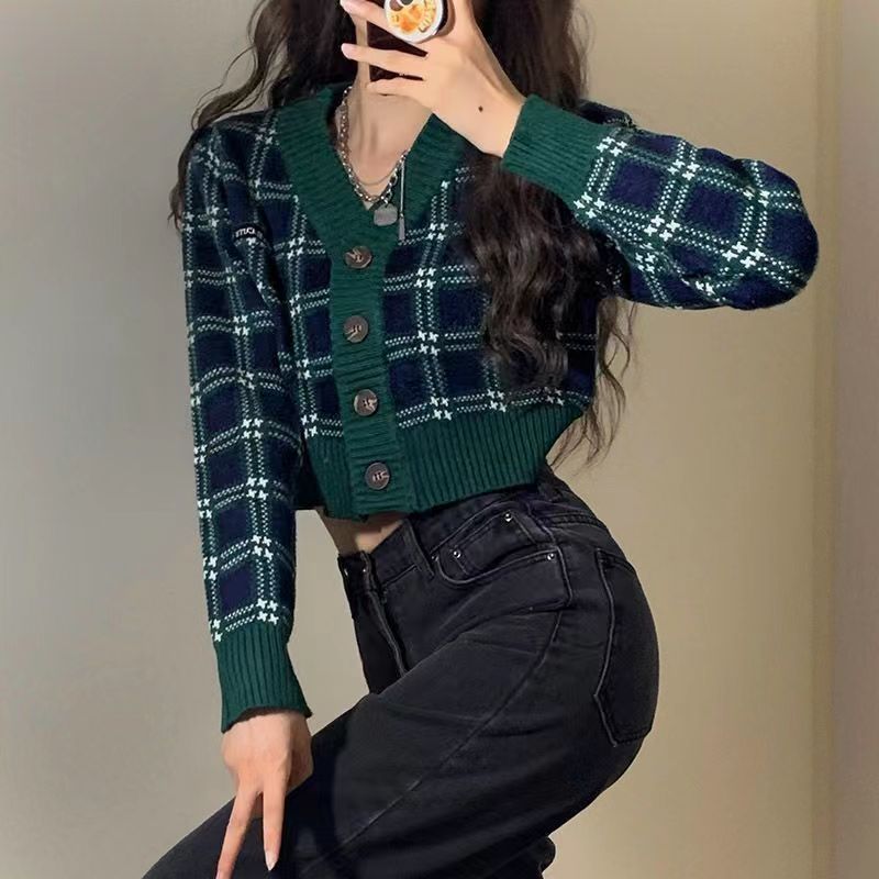 AOMR autumn long-sleeved plaid college knitted sweater cardigan single-breasted V-neck was thin short coat top women