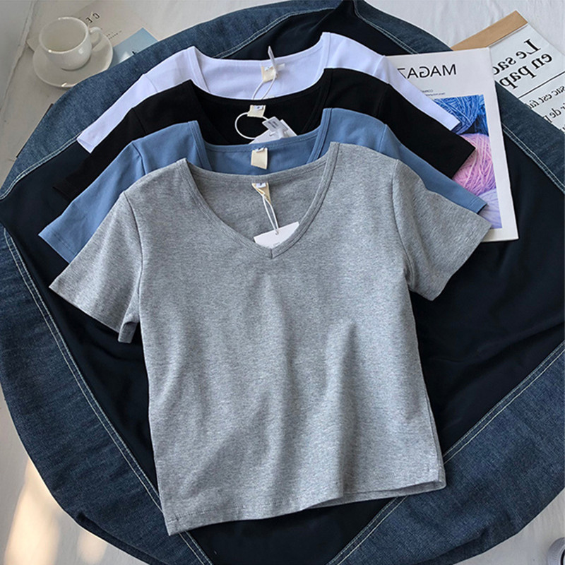 New summer t-shirt women's short-sleeved ins tide exposed navel short v-neck slim fit tight top with high waist pants