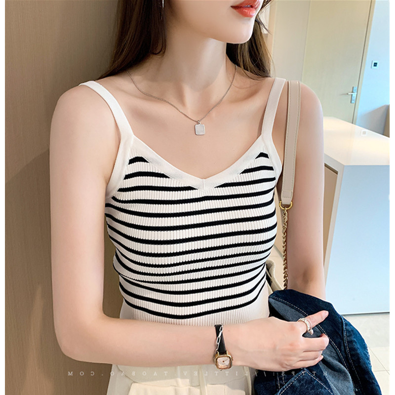 Chest pad niche hit color striped camisole women's summer outerwear small short hot girl top
