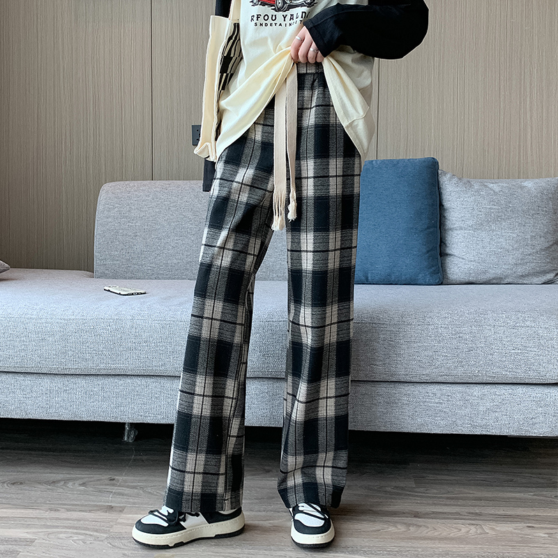 Real shot 2105 black and white plaid pants women's casual drape loose floor mopping straight-leg pants high waist wide-leg pants spring and autumn