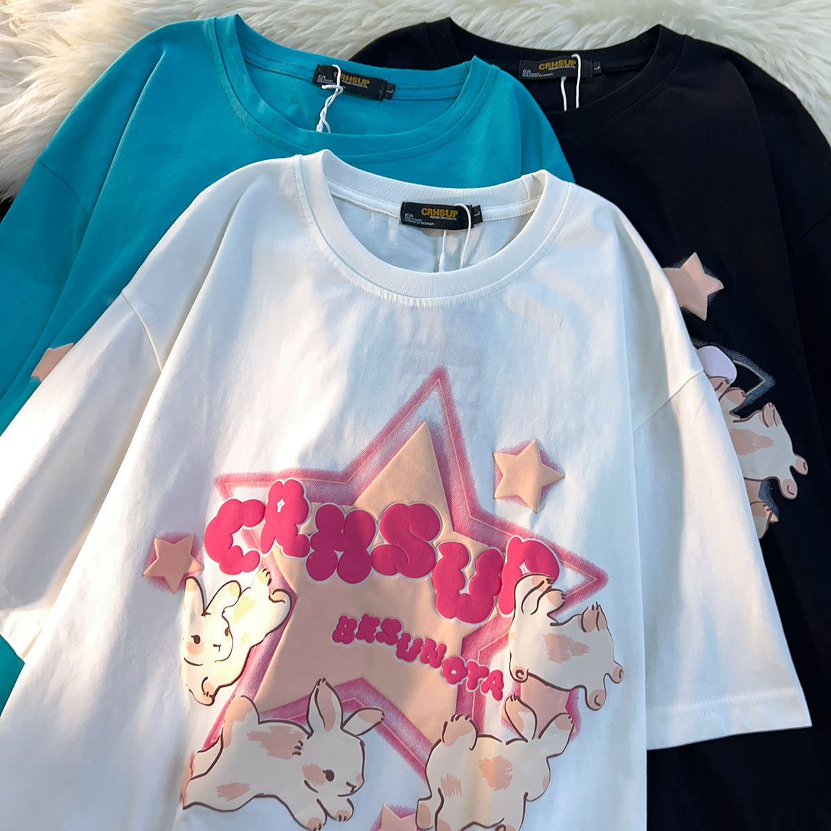 6535 cotton summer loose round neck top new short-sleeved t-shirt female foam print back bag strip