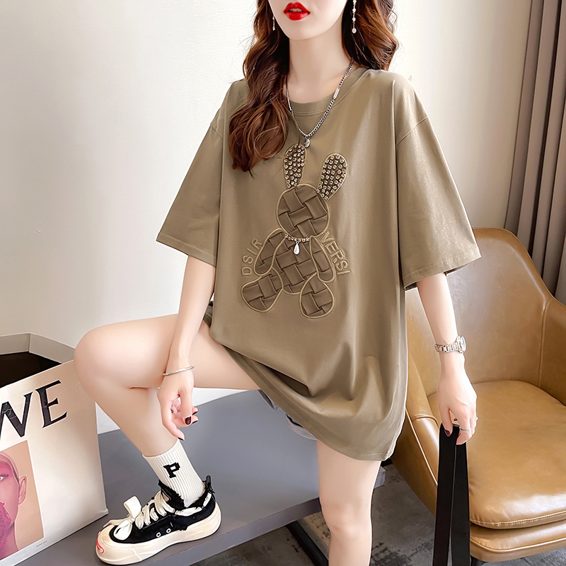 Real shot 32 double yarn cotton short-sleeved t-shirt women's summer 2023 Douyin quality diamond-encrusted round neck top plus size women's clothing