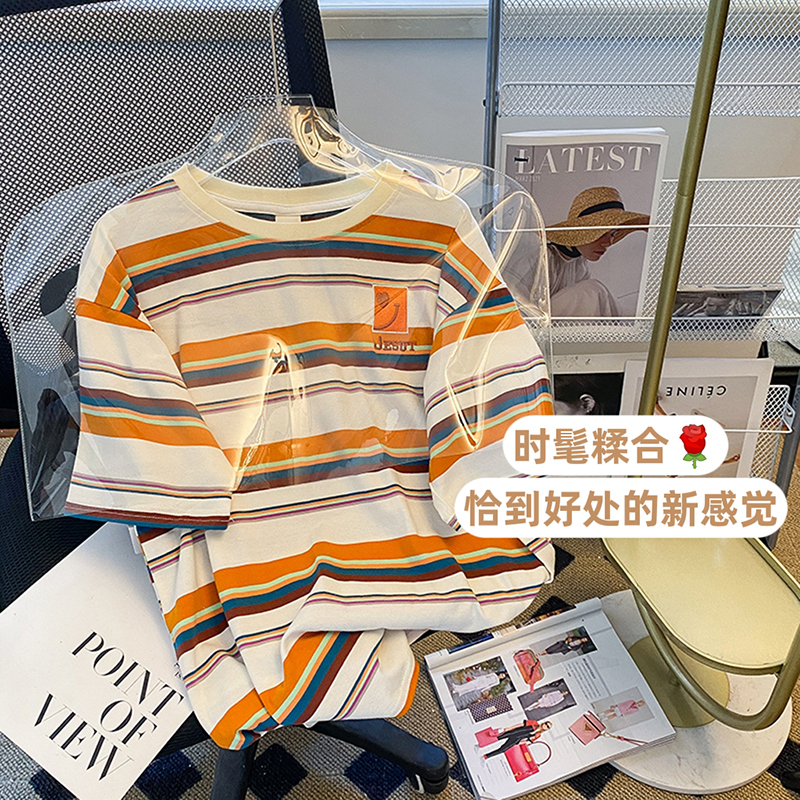 Real shot shaking sound quality short-sleeved t-shirt women's summer 2023 trendy round neck stripe embroidery new top plus size women's clothing